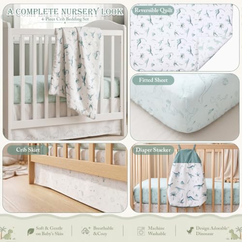 Image of Hahafelt 4 Pieces Crib Bedding Set for Girls and Boys, Soft Baby Bedding Set Including Crib Skirt, Comforter, Sheet and Diaper Stacker for Nursery (Dinosaur Theme)