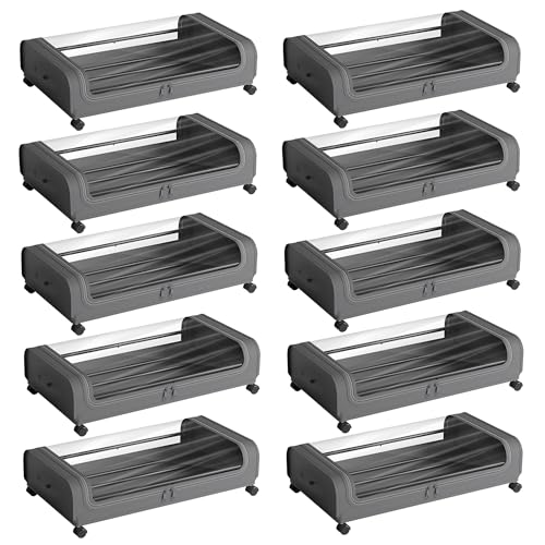 Image of Nayasa Under Bed Storage Box | Storage Organizer | Ideal For Small Space Clothes Storage | Clothes, Shoes, Toys, Books With Clear Cover | Lockable Wheels | Set of 10 | Grey