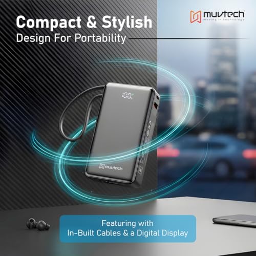 Image of Muvtech Mini Mate Portable Power Bank 10000mAh Fast Charging | Built-in Type-C Cable, Pocket Size, Smart Digital Display USB & Type C Powerbank | Compatible with Samsung, iPhone & Pixel & More