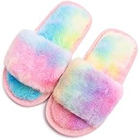 techcity Boys Girls Fuzzy House Slippers Cute Comfy Faux Fur Slip On Fluffy Plush Open Toe Home Slides for Kids Indoor Outdoor Warm Shoes (Rainbow, numeric_11_point_5)
