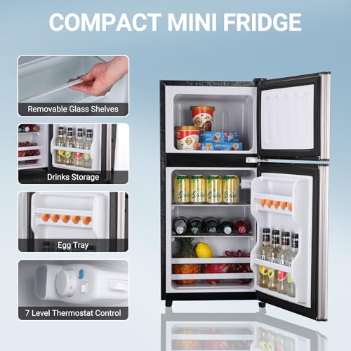 Image of Dorm Fridge with Freezer, Small Refrigerator 3.5 Cu. Ft. with Freezer for Apartment, Temperature Adjustable Apartment Size Fridge for Kichen, College, RV, Office, Silver