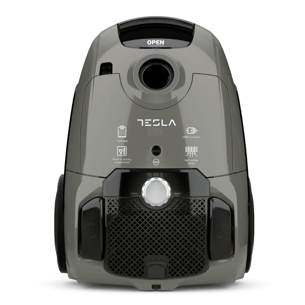 TESLA Aspirador de Trineo con Bolsa BG300G - 800W, Depósito 3,5L, Silencioso 76dB, Filtro HEPA, Indicadores LED, Cepillo Estandar y Parquet, Boquilla 2 en 1, Radio de Trabajo de 8m, Color Gris