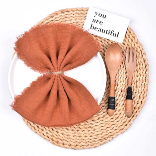 Joanlody HCN01 Handmade Cloth Napkins 16.5X16.5 Inches Cotton Linen Napkins With Fringe Rustic Bulk Dinner Napkins For Wedding Party Baby Shower Set Of 6 Terracotta thumb #2