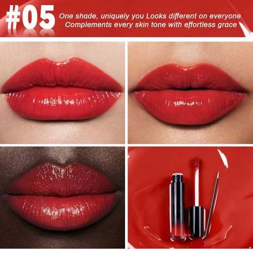 Image of evpct Bright Fire Red Shiny Longwear No-Budge Liquid Lip Color Lipstick Makeup, Highly Pigmented Color Instant Shine, Waterproof Long Lasting Lipstick Women Lip Stain Gloss with Lip Liner Brush, 05#