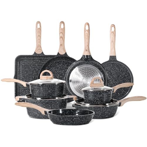 Image of JEETEE 24Pcs Ceramic Cookware Set, Gray Pots and Pans Set Non Stick | Kitchen Healthy Non Toxic Induction Cookware Sets W /Saucepans, Saute Pan, Griddle, Crepe Pan & Pancake Rake (PTFE, PFOSFree)