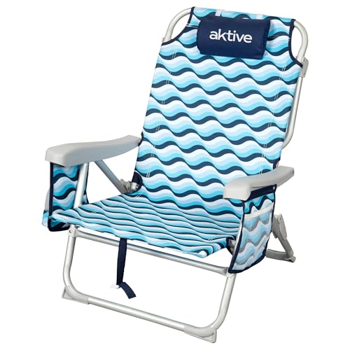 AKTIVE Silla de Playa Plegable, 50x58x80 cm, 5 Posiciones, Aluminio y poliéster, con cojín, Compartimento Trasero y Asas Mochila, Soporta hasta 110 kg, Cierre de Clic Seguro, Modelo Aruba (62417)