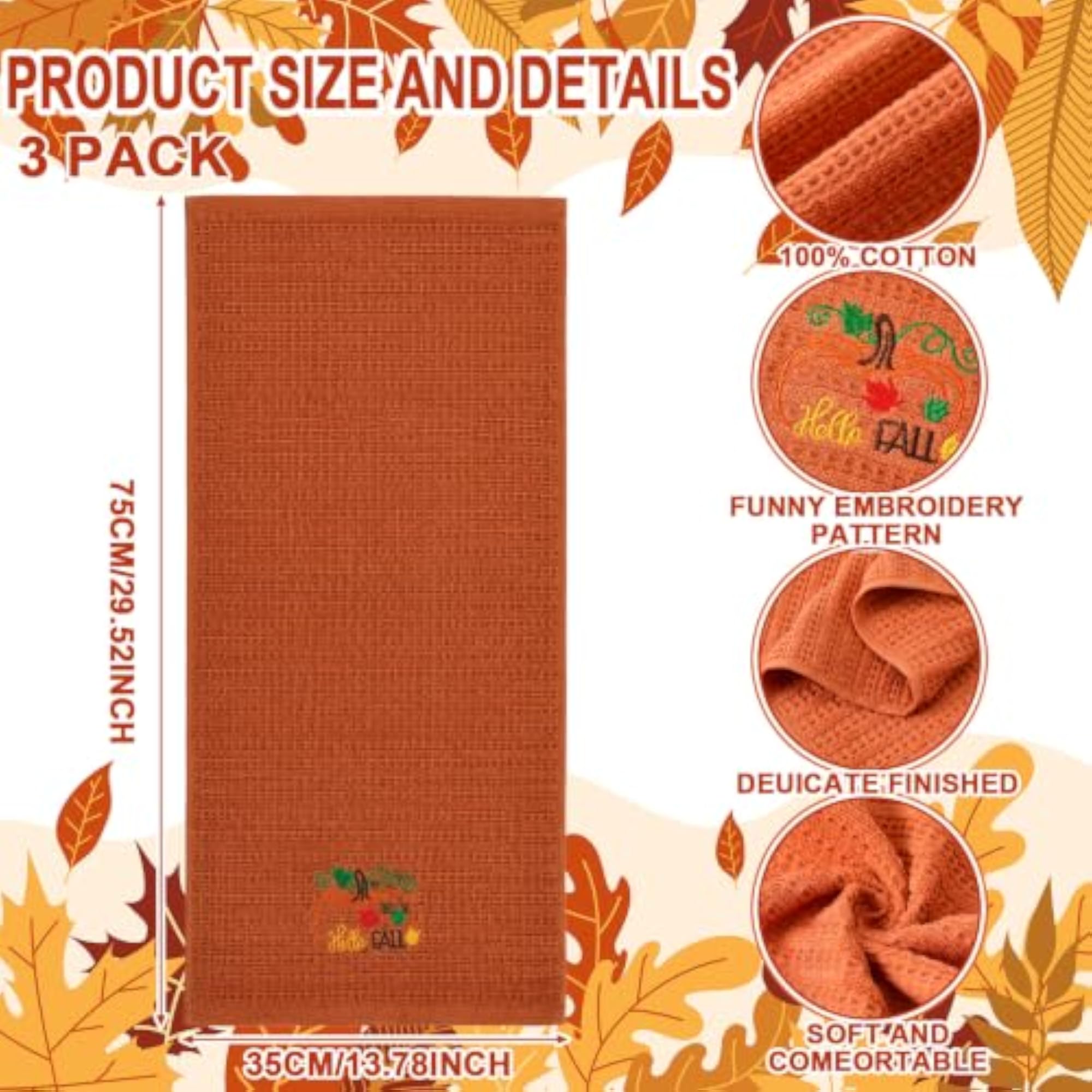 3 Pcs Hello Fall Pumpkin Waffle Hand Towels for Bathroom