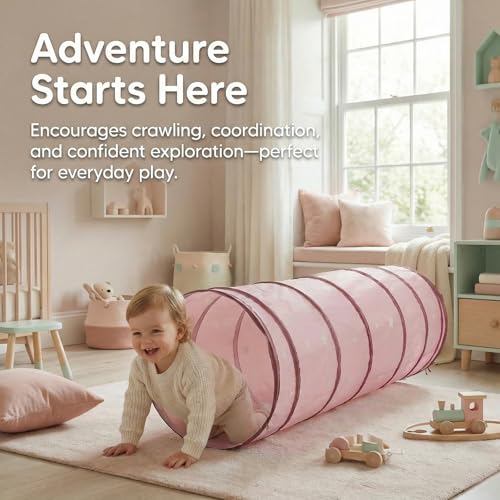 Image of Kids Play Tunnel for Toddlers, Pink Crawl Tunnel with Soft Peach Skin Fabric, 68.9 inch Long Foldable Indoor Play Tunnel for Girls, Playroom Bedroom Activity Toy