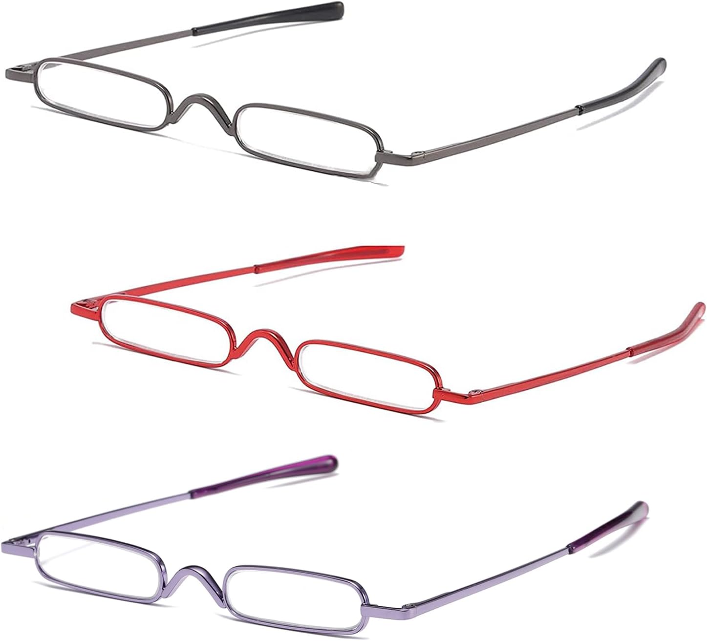 3 Pack Mini Slim Pen Reading Glasses - Compact Readers with Pen Clip Case Spring Hinge Metal Frame Eyeglasses (Gunmetal, Red, Purple, +2.25) - Image 2