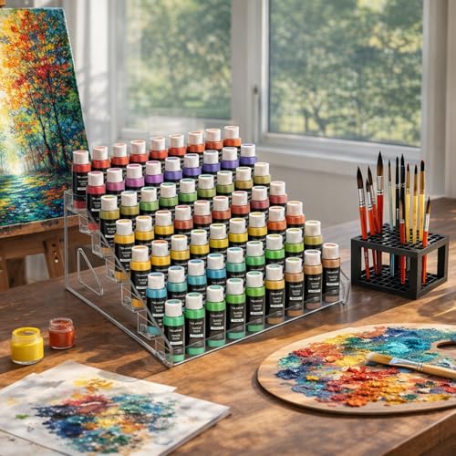 Image of 2 Pack 7-Layer Clear Acrylic Paint Holder Storage & Brush Holder Organizer | Easy Assemble Miniature Hobby Paint Bottle Rack for Model Paints, Small Airbrush Nail Polish Supply, Alcohol Ink Display
