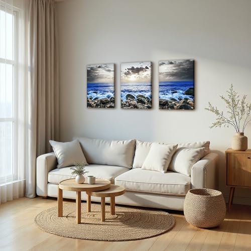 SERIMINO Beach Wall Art Set, Blue Coastal Landscape Wall Decor, Modern Ocean Paintings Art Prints Home Office Decoration, Seaside Canvas Pictures for Living Room Bedroom Bathroom 3 Pieces 16"X24"