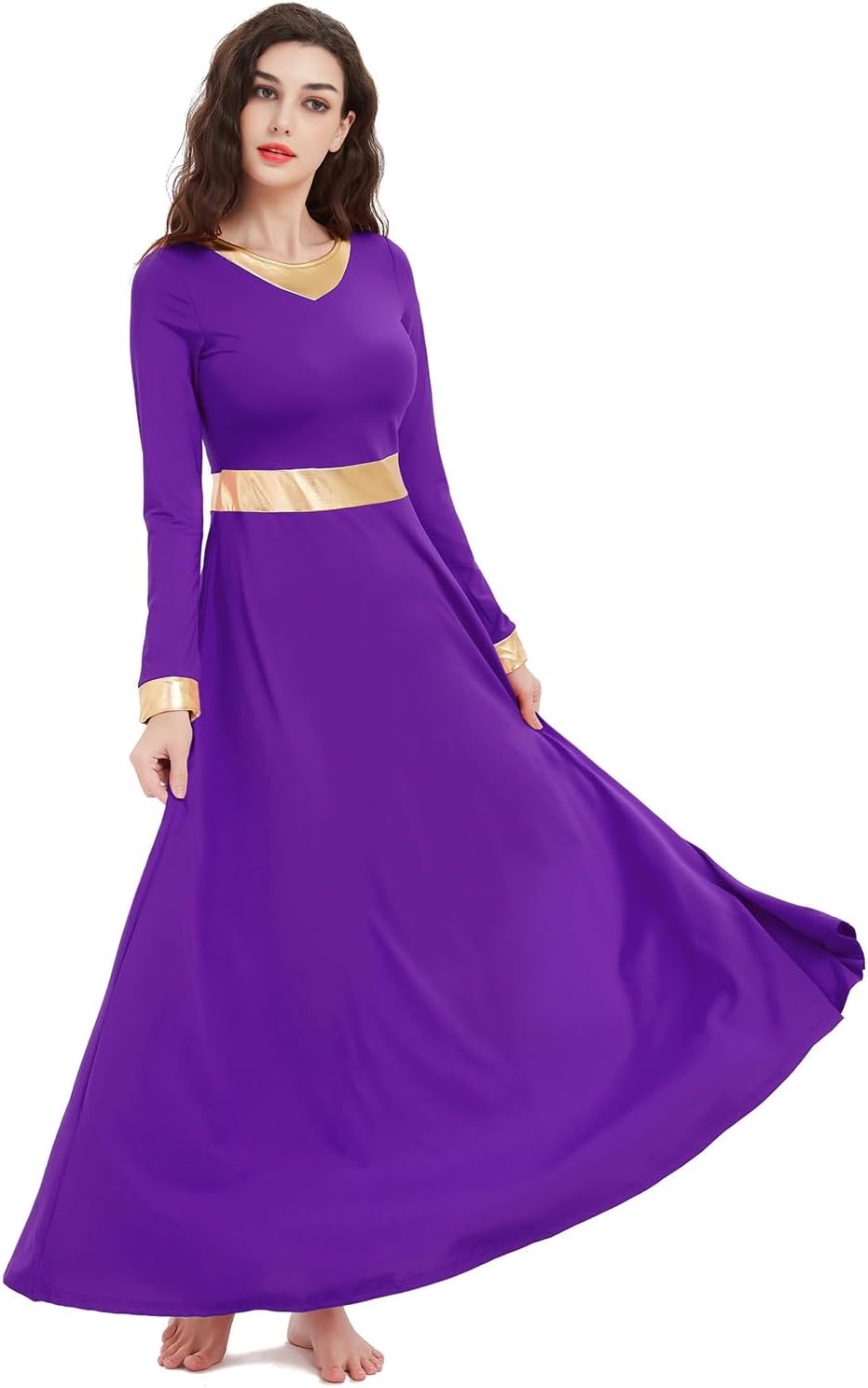 Women's Praise Dance Dress Long Sleeve Metallic Gold Liturgical Worship Costume Lyrical Dancewaer Church Robe