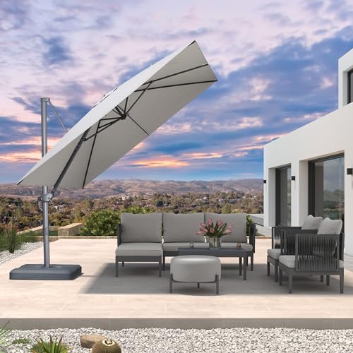 PURPLE LEAF 10 FT Cantilever Patio Umbrella Outdoor Aluminum Offset Square Umbrella with 3 Years Fade Resistance Recycled Fabric and 360-degree Rotation for Deck Pool Garden, Pebble Grey
