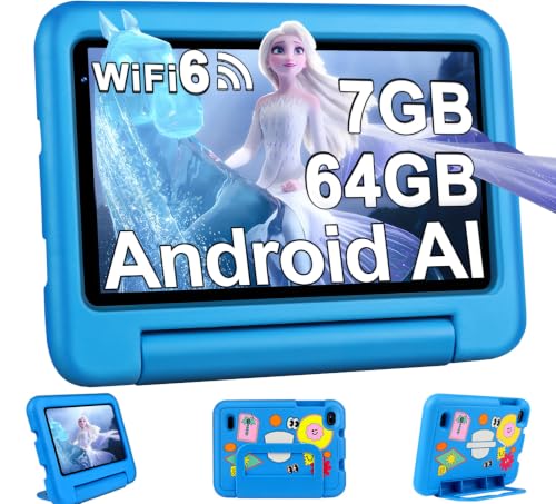 2026 Tablet Niños 7 Pulgadas Android, 7GB RAM+64GB ROM(TF 1TB), WiFi6, BT5.0, 8-Core, Batería 3500mAh, Control Parental, Dual Cámara, Certificación GMS, Tabletas Para Niños Con Funda EVA – Azul
