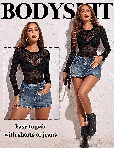 Image of Avidlove Womens Mesh Long Sleeve Bodysuit Round Neck Sheer Leotards Geo Print Bodysuit Top with Snap Crotch