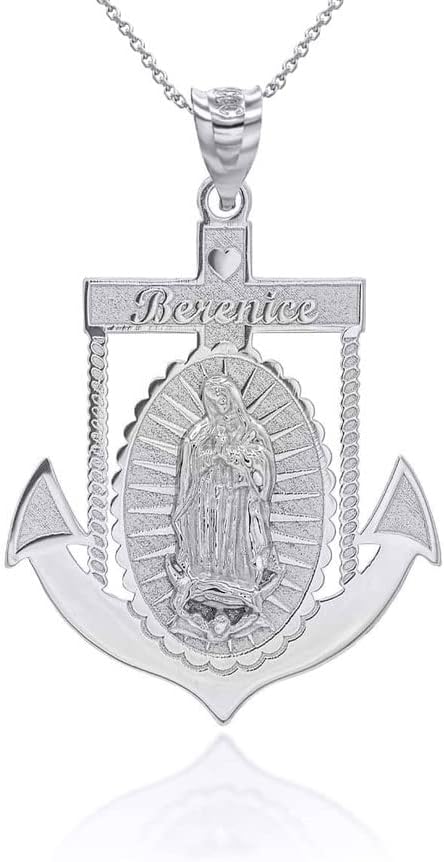 Claddagh Gold Personalized Name 925 Sterling Silver 1-1/2" Our Lady of Guadalupe Miraculous Immaculate Conception Anchor Pendant Necklace - Choice of Pendant Only or Chain Length
