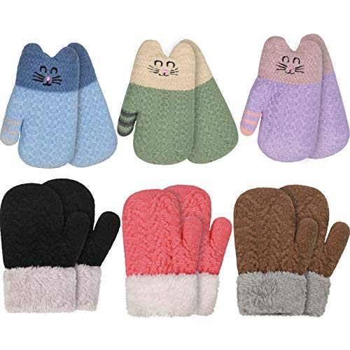 6 Pairs Kids Sherpa Lined Knit Mittens Cute Warm Cat Winter Gloves Furry Cuff Knitted Gloves for Boys Girls Boys Toddler Infant Newborn
