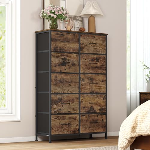 SONGMICS Chest of Drawers, 10 Fabric Drawers Storage Unit, Steel, MDF, Non-Woven Fabric, for Bedroom, Closet, Hallway, Living Room, Rustic Brown and Ink Black LGS125BH04