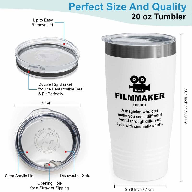 Filmmaker White Tumbler 20oz - with cinematic shots - Filmmaker Gifts Camera Lens Cut Prop Director Movie Film Scriptwriter