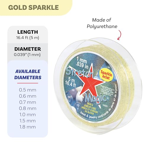Image of Stretch Magic Elastic Beading Cord - Gold Sparkle Color, 1mm in Diameter, 5-Meter (16.4 ft) - Easy to Knot, Strong & Stretchy String for Making Beaded Jewelry