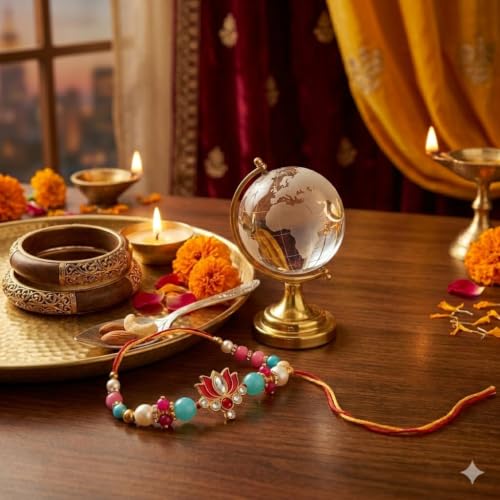 Image of SAUDEEP INDIA Feng Shui Crystal Globe Idol with Golden Stand for Home Decor, Success, Good Luck & Prosperity | Vastu Glass Miniature Globe | Rakhi for Brother with Gift