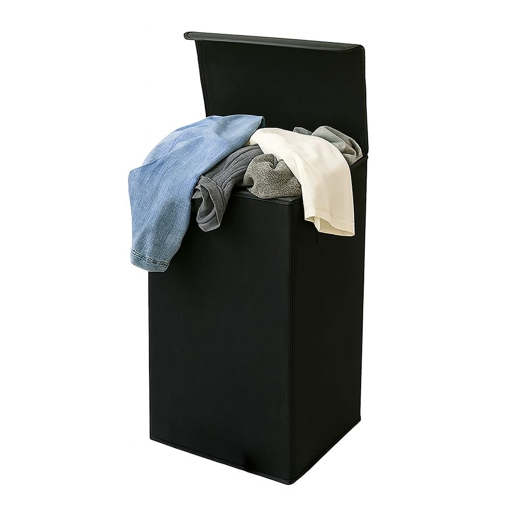 Box and beyond - Cesta de lavandería (30 x 30 x 60 cm, tela negra, tapa – asas – almacenamiento, ropa, ropa, baño, dormitorio, lavandería, estilo sencillo y práctico