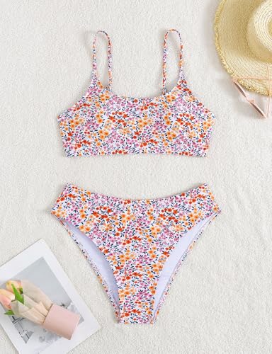 YIMISAN Women's Two Piece Swimsuit Floral Print Bikini Sets Spaghetti Straps Scoop Neck Mid Waist Cheeky Bathing Suit4