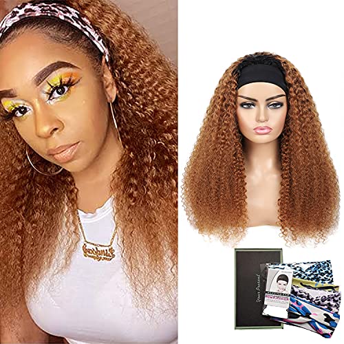 Ombre Kinky Curly Human Hair Headband Wig Brazilian Remy Human Hair Wigs for Women Easy Wear Glueless None Lace Front Wigs with Free Headbands 1B/30 Brown 180% Density 14 inches