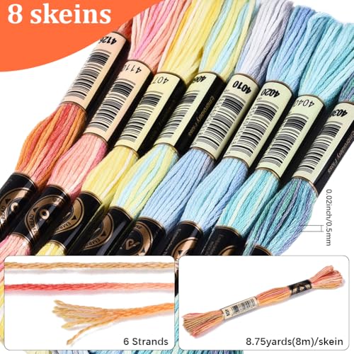 Image of 70 Yards 8 Skeins Gradient 6 Strands Mixed Color Cross Stitch Floss Variegated Embroidery Thread Colored Friendship Bracelet String Polyester Threads Set for Hand Sewing Making Craft Supply