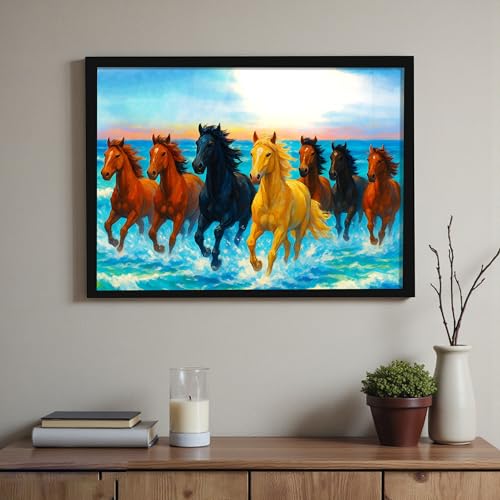 Image of 7 Running Horses Vastu Framed Wall Art Painting For Living Room | Ocean Sunrise Seven Horse Painting With Frame Symbol of Success & Positive Energy Wall Art for Home & Office, 10x12 Inch