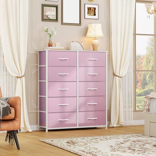 DWVO 10 Drawer Dresser - Fabric Storage Tower, Tall Chest Organizer Unit for Room, Living Room, Hallway, Closets - Sturdy Steel Frame, Wooden Top & Easy Pull Fabric Bins, Pink