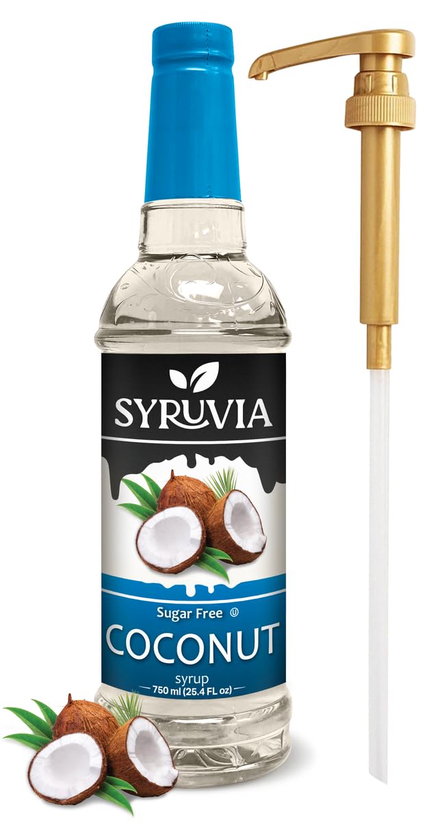 Syruvia Sugar Free Coconut Syrup With Syrup Pump Dispenser – Coconut Coffee Syrup Flavor, 25.4 fl oz, Kosher, Gluten Free, Perfect for Coffee, Drinks, Soda, Desserts, and More,
