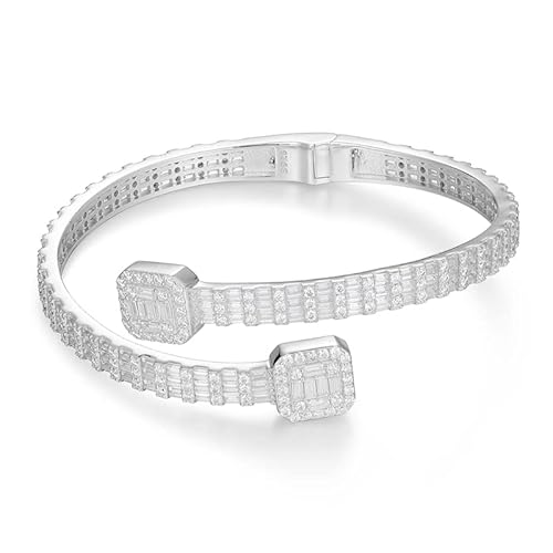 E-Emermaking Iced Out Diamond Bracelet Jewelry For Women,Hip Hop Mens Baguette Moissanite Bangle Bracelet 18K White Gold Sterling Silver Cuff Bracelet Lab Created Diamond Gift For Girls 5.5Mm 8Inch #TOP14