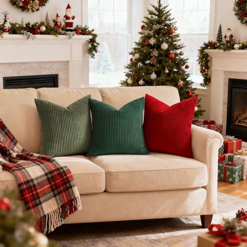 Image of Mecatny Corduroy Throw Pillow Covers 26x26 Set of 2 Christmas Red
