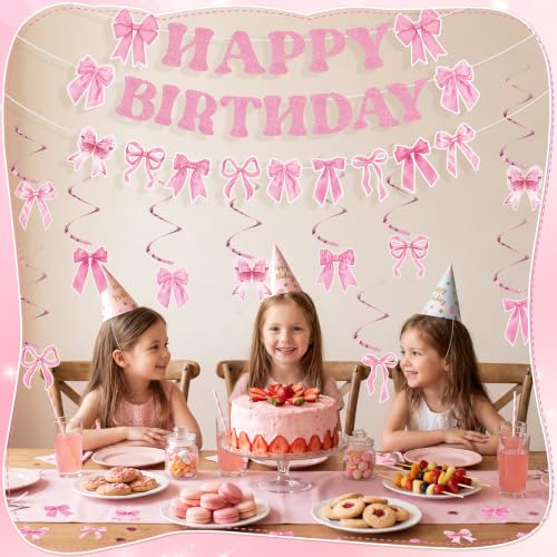 Image of Pink Bow Happy Birthday Banner with Hanging Swirls Decor | Bow Birthday Party Decorations Pink Birthday Party Set for Walls Ceilings Dessert Tables and Covered Patios