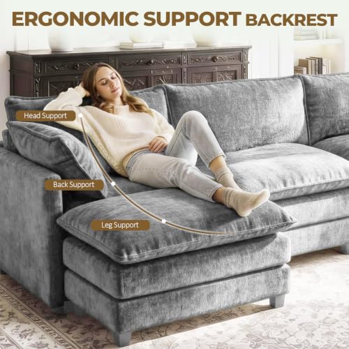 Image of 112 inch U-Shape Modular Sofa with 2 Ottomans, Deep Seat Cloud Convertible Sleeper, 2 Arm Pillows, Cozy Upholstered Furniture for Living Room Apartment, Dark Grey