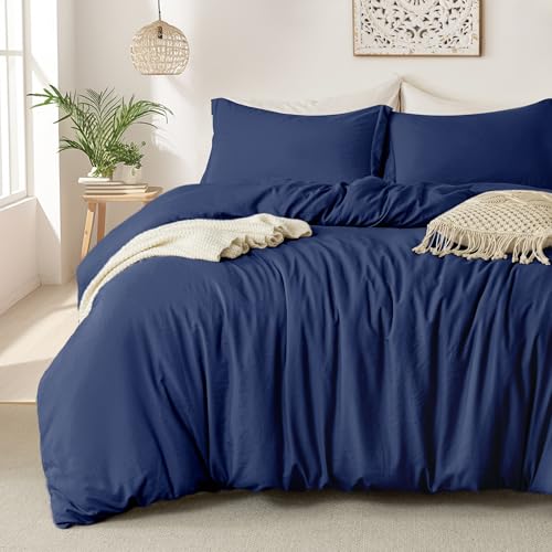 Image of MILDLY Duvet Cover Queen Ultra Soft Comforter Cover Set 3pcs, Navy Blue | Washed Microfiber Cotton-Like, Breathable Comfort, Hidden Zipper, Corner Ties, OEKO-TEX Certified, Fade Resistant