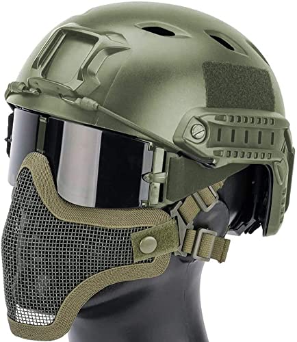 PJ Typ Taktik Airsoft Fast Helm und Faltbare Half-Face Airsoft Mesh Maske, Schutzbrille mit 3 Farbgläsern Cover
