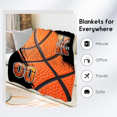 Custom Basketball Blanket, Soft Sport Throw Gifts with Name, Cozy Flannel Throw Blankets for Bed Travel, 50"x60" Gift for Boys Girls