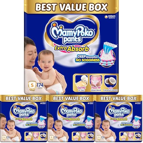 Image of MamyPoko Pants Extra Absorb Baby Diapers, Small (S size) | 4-8 kg | 174 Count |Deep Sleep Diapers| Soft gentle fit |Deep Absorbent Crisscross | skin friendly with coconut oil | (87 count, Pack of 8)