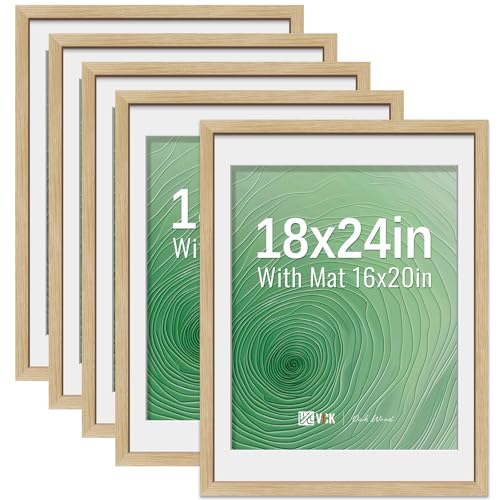 Image of VCK 18x24 Poster Frame 5 Pack, Oak Wood, 16x20 Mat, for Wall Art