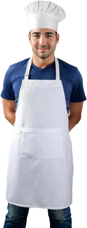 Chef Apron and Hat set, 2 Pockets Adjustable Kitchen Cooking Bib BBQ Grill Apron Hat, Baker Costume for Men Women