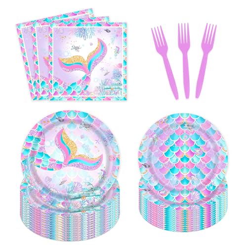 AEMUYA 96 Pcs Mermaid Party Plates and Napkins Under the Sea Little Mermaid Tail Tableware Supplies for Princess Girls Birthday Baby Shower Decorations Serves 24 Guests