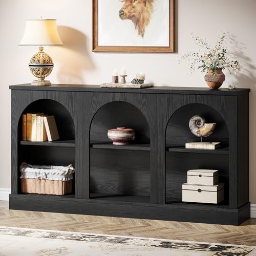 Image of Tribesigns Farmhouse Console Table, 63-Inch Long Entryway Table with 3 Tier Storage, Wooden Rectangular Sofa Table Behind The Couch for Entrance, Hallway, Living Room, Black