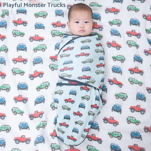 Image of LollyBanks Swaddle Sack 0-3 Months, 100% Organic Cotton Baby Swaddle with Easy Change Zipper, Soft and Breathable Newborn Sleep Sack for Boys, Gentle Baby Wrap, Newborn Essentials (Vehicle Print)