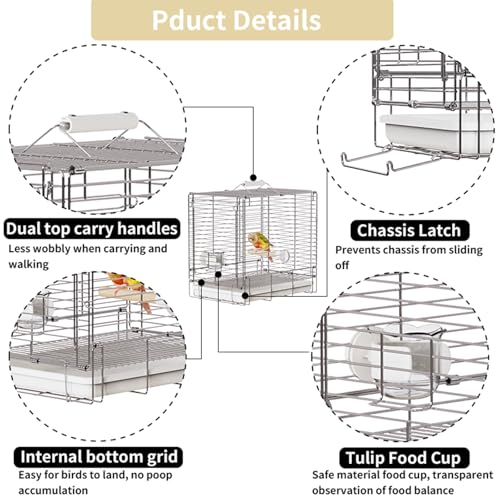 YOOSO WING Bird Carrier Travel Cage - 304 Stainless Steel Portable Folding Bird Travel Cage with Parrot Feeder Cups & Standing Perch for Smaller Birds Conures Lovebird Cockatiel Parakeets (White)