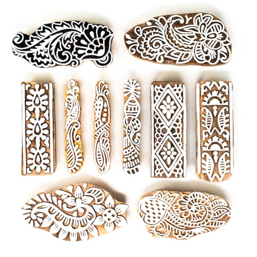 Image of Wooden Stamp Block, Printing Stamp Design Set | Block For Printing Saree Border | Dresses, Craft Card Making, Scrapbook, Clay Pottery | Set of 10
