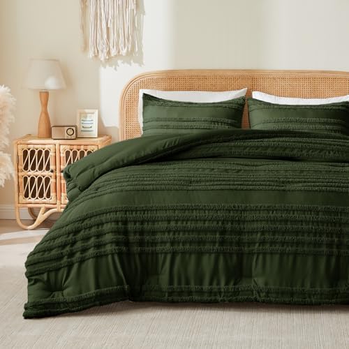 Image of BEDELITE Boho Comforter Set Queen Size, Olive Green Tufted Striped Bed Set 3 Pieces, Soft Vintage Farmhouse Comforter for All Seasons, Boho Home Decor,Fluffy Jacquard Bedding with 2 Pillow Shams