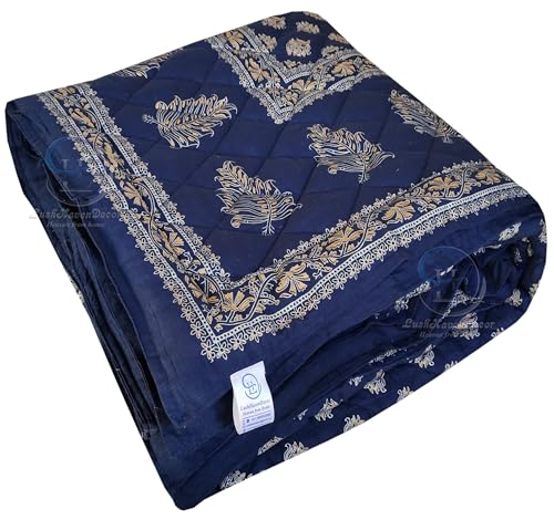 Image of Jaipuri Razai Double Bed Gold Print with Computerized Quilting Use as Soft and Breathable Cotton Comforter Quilt Rajai Blanket Dohar Size 85X100 inch Blue Pack of 1