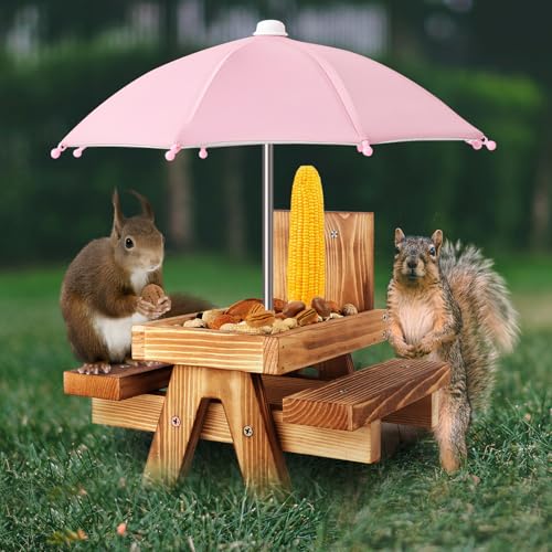 Gnodary Squirrel Feeder with Umbrella, Squirrel Feeders for Outside, Squirrel Picnic Table Feeder - Chipmunk Feeder Hold Corn, Corn Cob, Peanuts (Pink) by Gnodry - Used condition - US$17.75